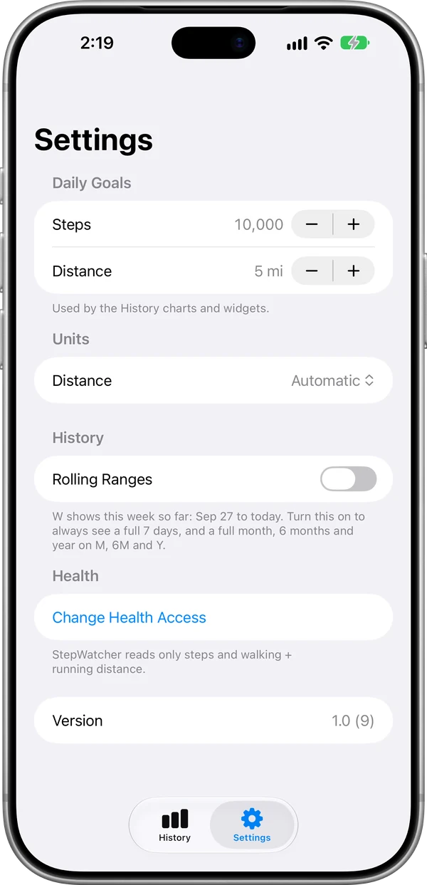 iPhone Settings with step and distance goals