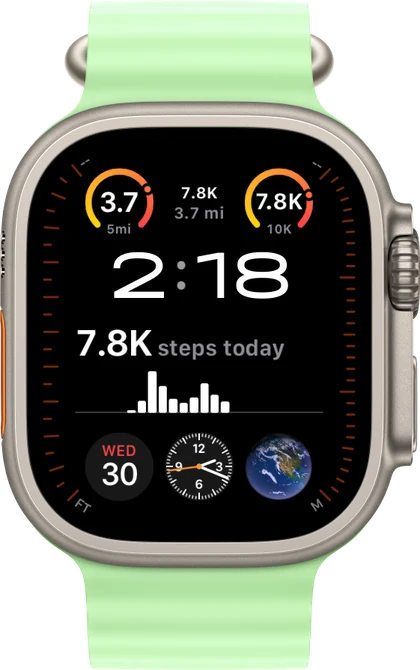 A watch face with StepWatcher's circular step and distance gauges and steps by hour