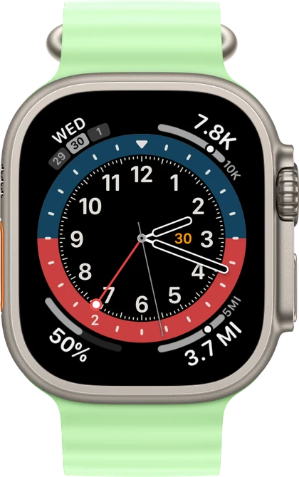 A watch face with StepWatcher's curved corner complications
