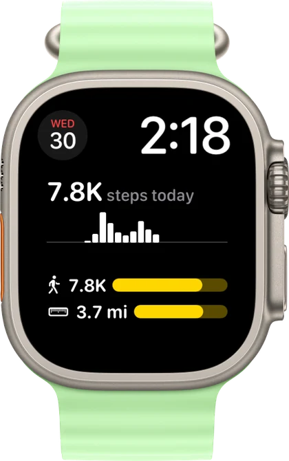 An Apple Watch face with StepWatcher showing steps by hour and progress bars