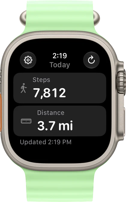 StepWatcher's Today screen with steps and distance